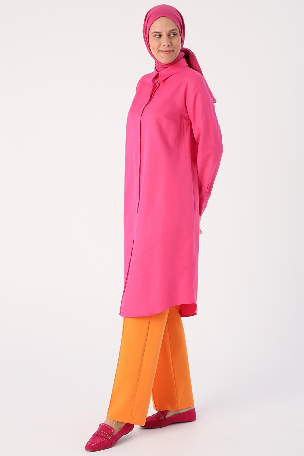 Fuchsia Basic Hidden Placket Long Shirt