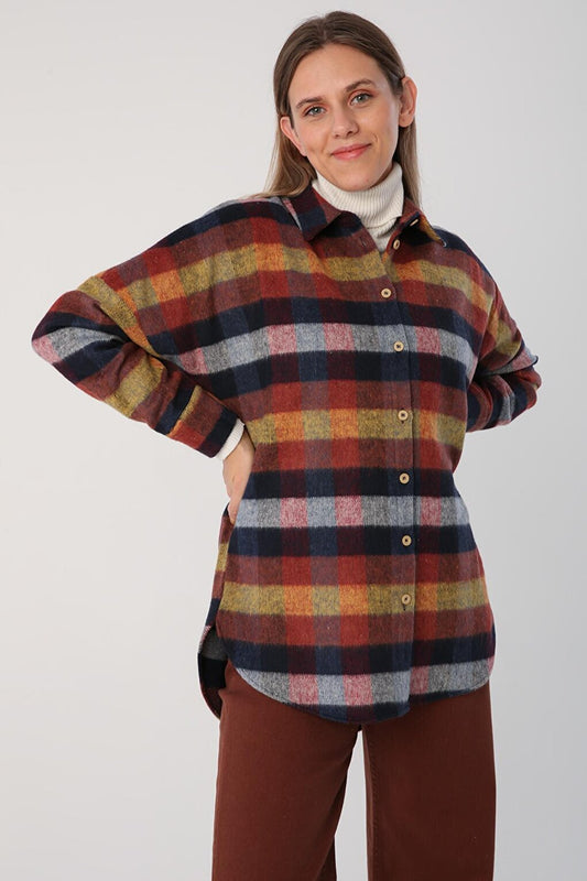 Navy Blue-Brick Oversize Lumberjack Shirt Tunic