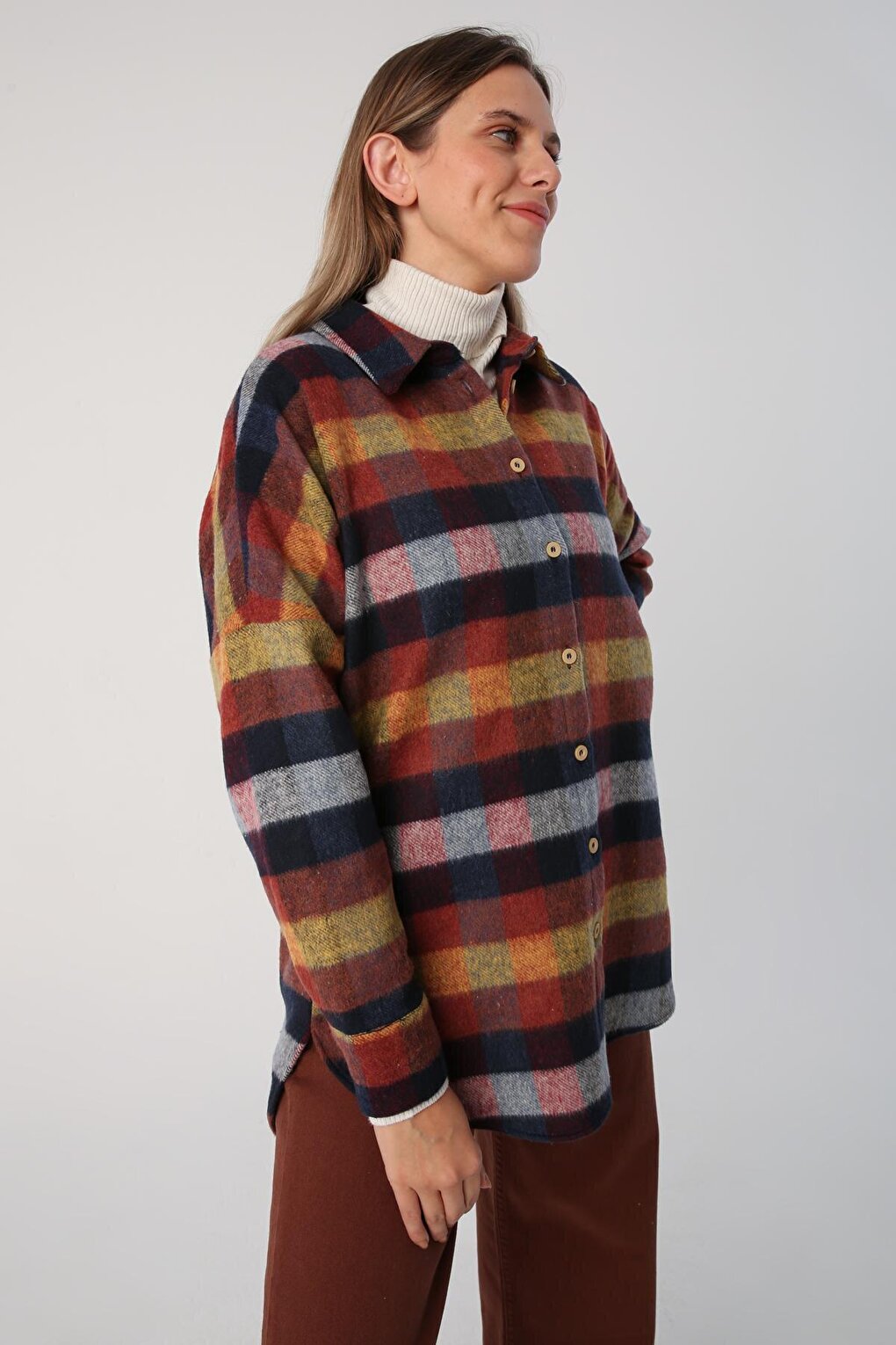 Navy Blue-Brick Oversize Lumberjack Shirt Tunic