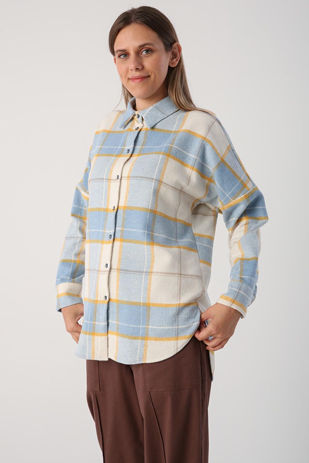 Blue-Ecru Oversize Lumberjack Shirt Tunic