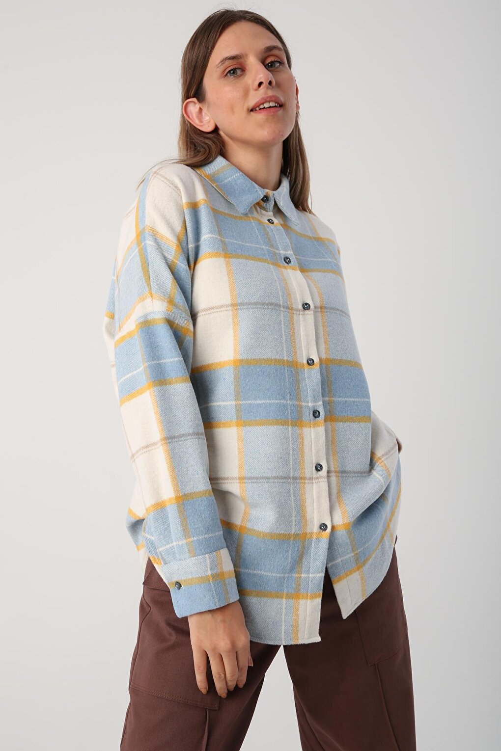 Blue-Ecru Oversize Lumberjack Shirt Tunic