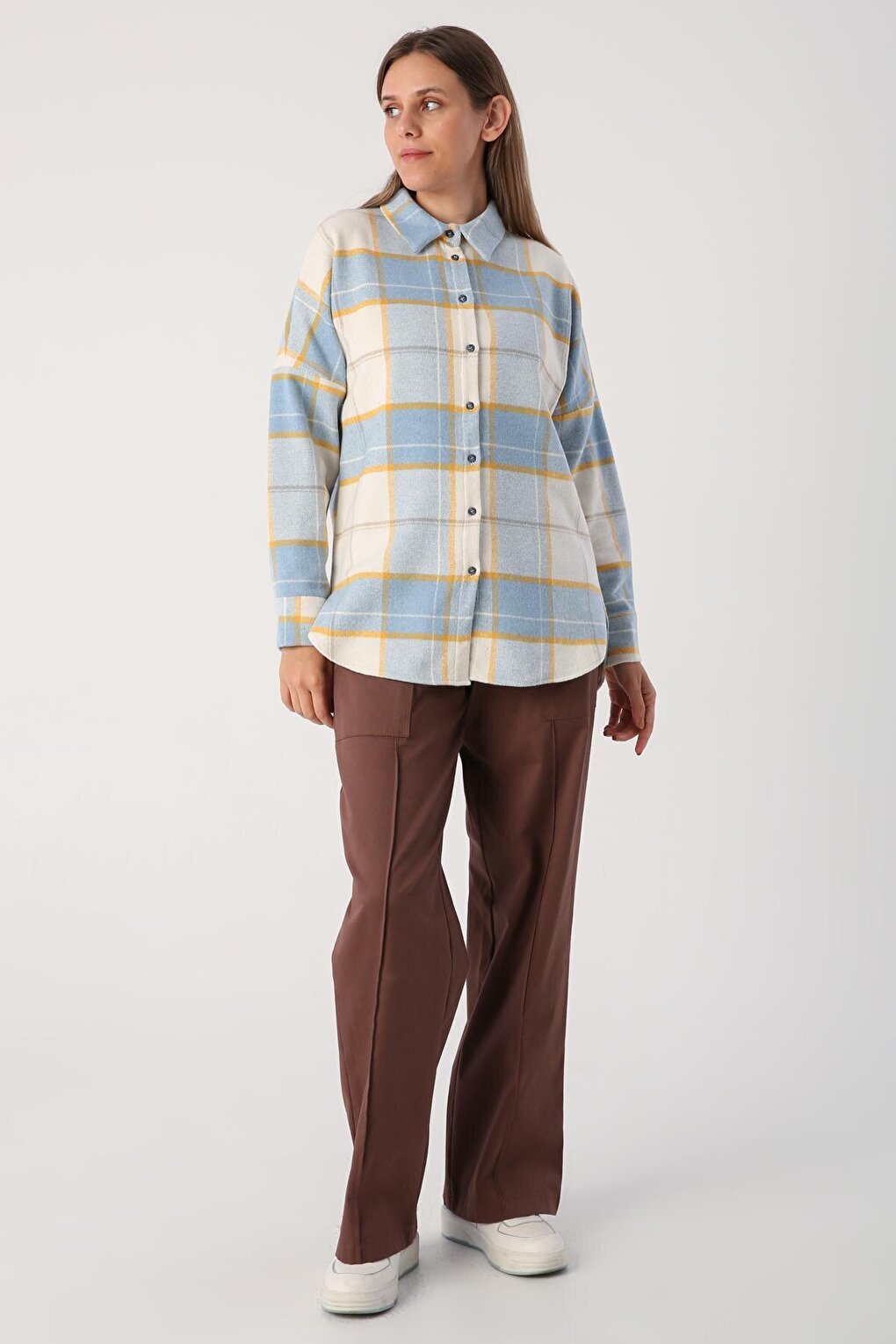 Blue-Ecru Oversize Lumberjack Shirt Tunic