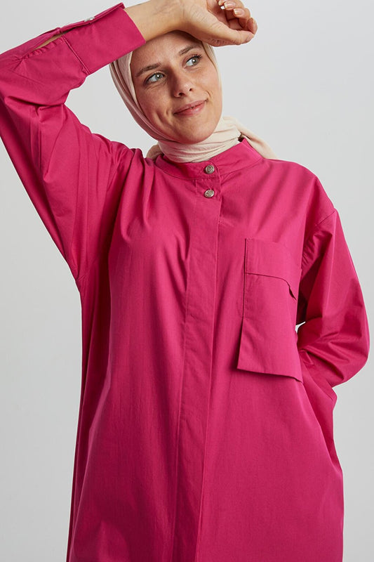 Dark Pink 100% Cotton Magnificent Collar Single Pocket Tunic