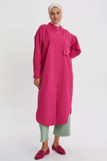 Dark Pink 100% Cotton Magnificent Collar Single Pocket Tunic