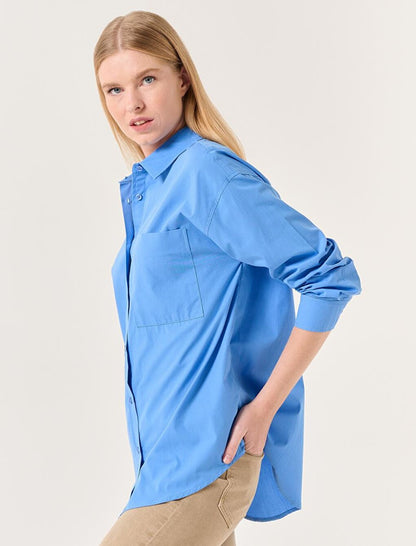 Dark Blue Straight Cut Long Sleeve Woven Shirt