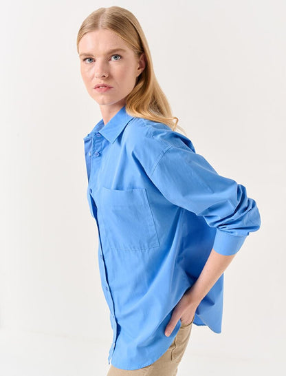 Dark Blue Straight Cut Long Sleeve Woven Shirt