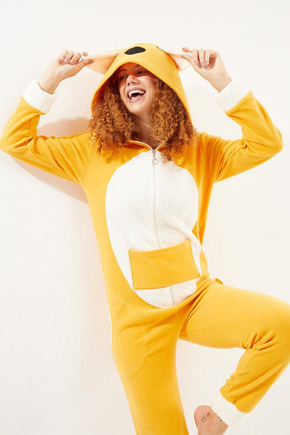 Women's Mustard Pocket Kangaroo Back Zipper Fleece Jumpsuit