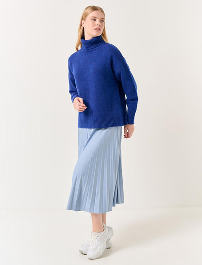 Sky Blue High Waist Pleated Midi Skirt