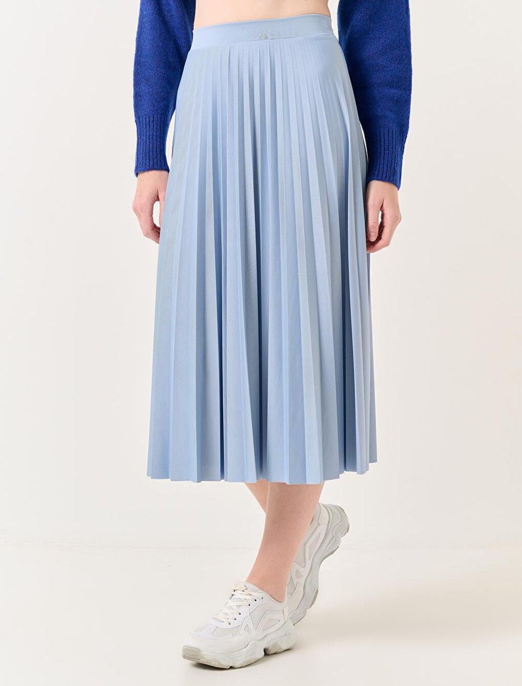 Sky Blue High Waist Pleated Midi Skirt