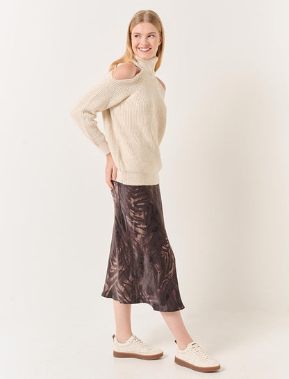 Dark Brown Slim Fit Patterned Midi Satin Skirt