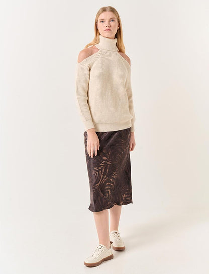 Dark Brown Slim Fit Patterned Midi Satin Skirt