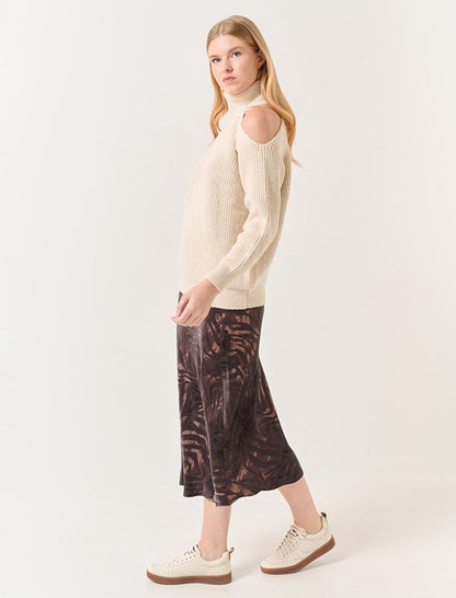 Dark Brown Slim Fit Patterned Midi Satin Skirt