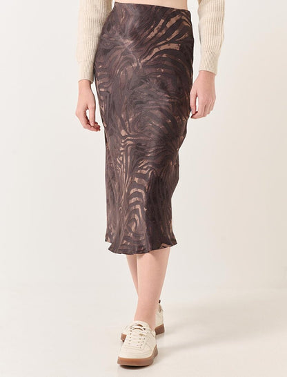 Dark Brown Slim Fit Patterned Midi Satin Skirt