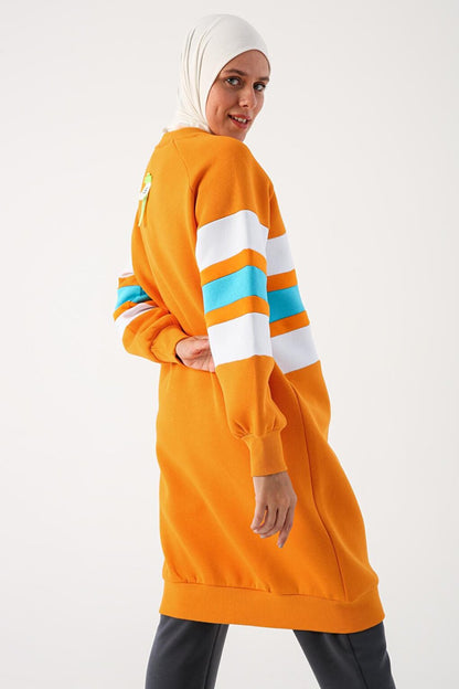 Orange Oversize Colored Striped Raised Sweat Tunic