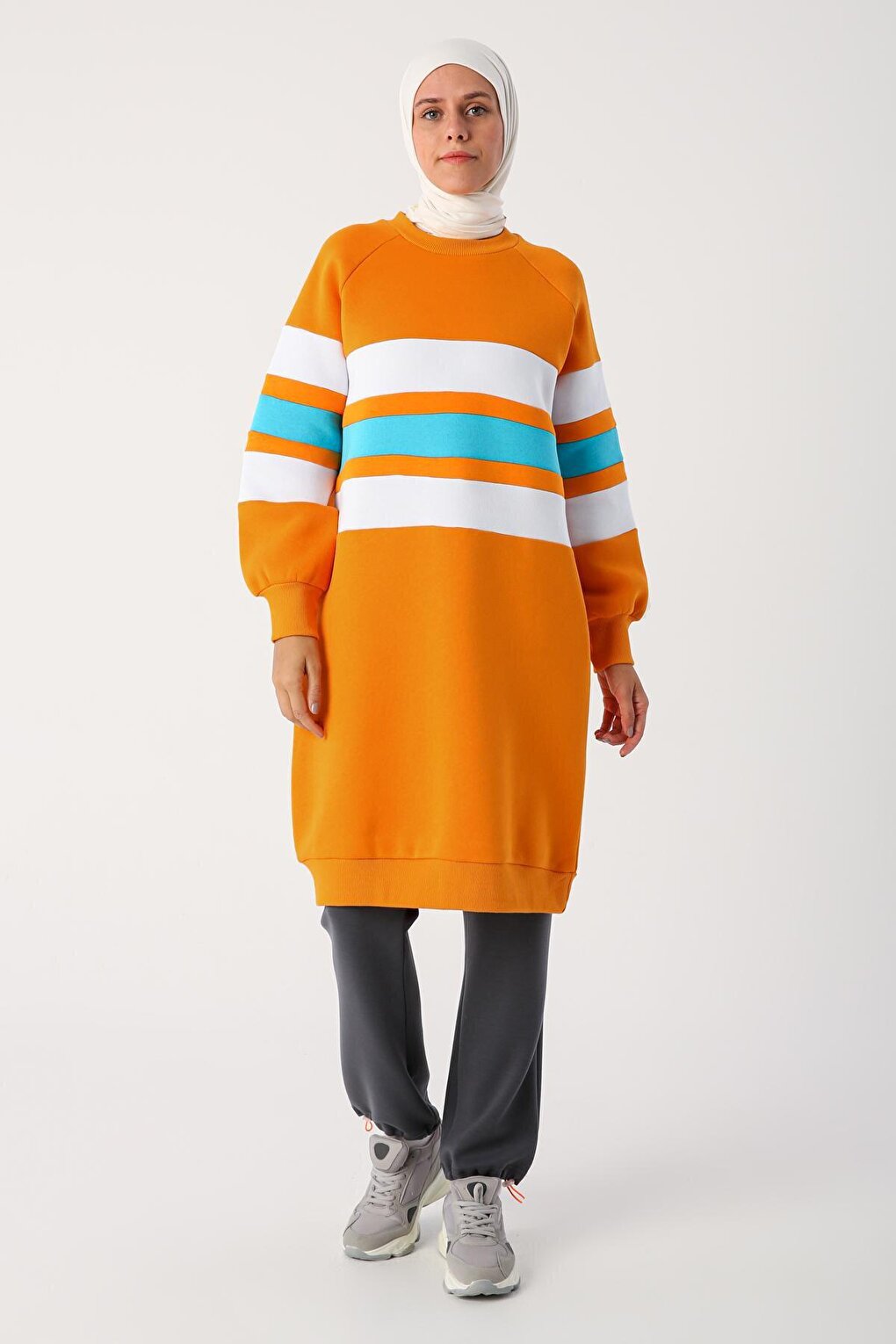 Orange Oversize Colored Striped Raised Sweat Tunic