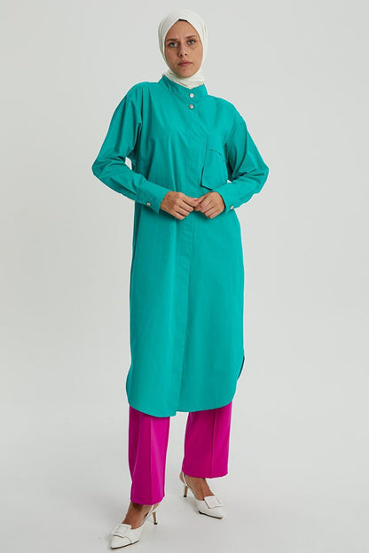 Green01 100% Cotton Magnificent Collar Single Pocket Tunic