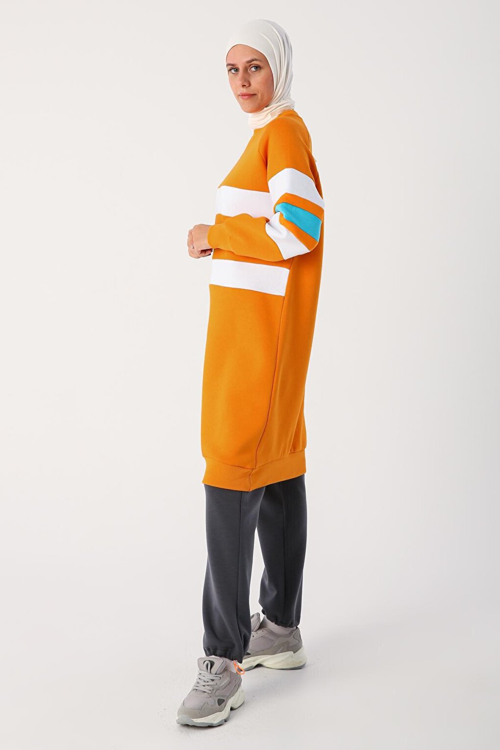 Orange Oversize Colored Striped Raised Sweat Tunic