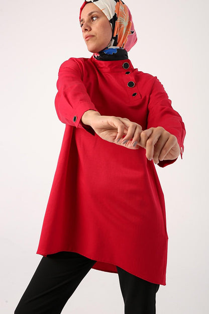 Red Stylish Button Detailed Tunic