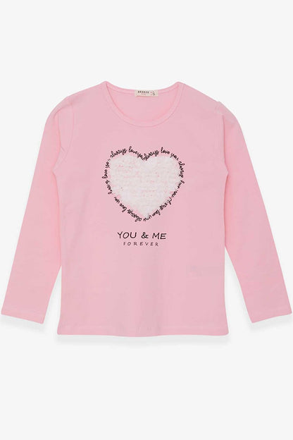 Girl's Long Sleeve T-Shirt Heart Tulle Embroidered Powder (9-12 Years)