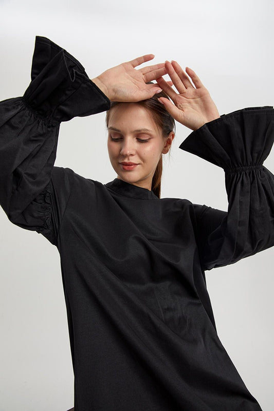 Black Tunic with Elastic Sleeves and Ruffle Detail