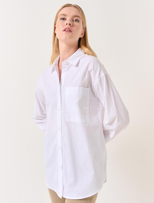 White Straight Cut Long Sleeve Woven Shirt