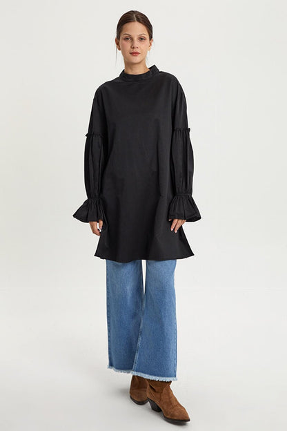 Black Tunic with Elastic Sleeves and Ruffle Detail