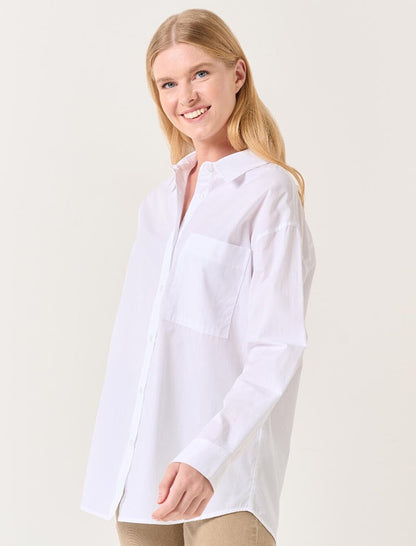 White Straight Cut Long Sleeve Woven Shirt