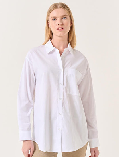 White Straight Cut Long Sleeve Woven Shirt