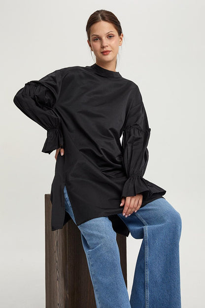 Black Tunic with Elastic Sleeves and Ruffle Detail