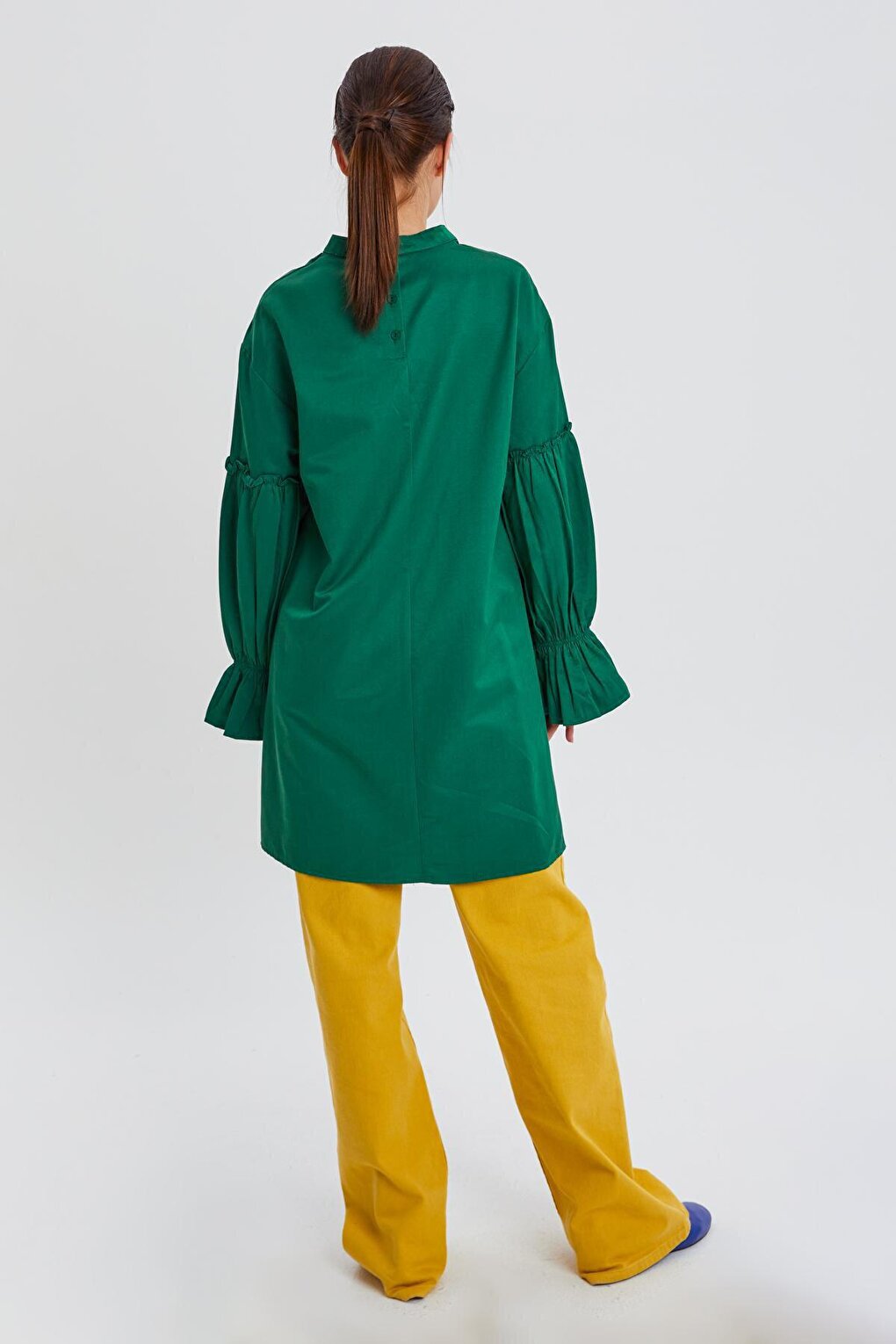 Green Sleeve Elastic Ruffle Detailed Tunic