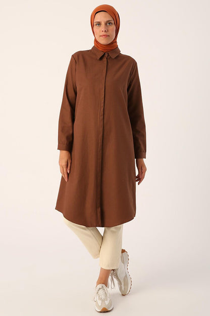 Brown Basic Hidden Placket Long Shirt