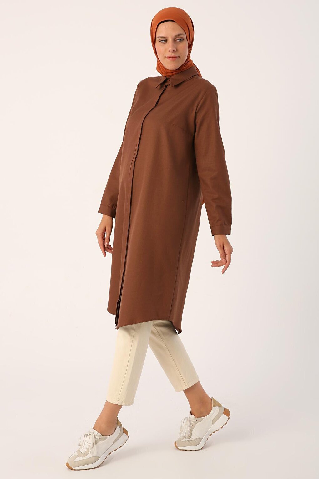 Brown Basic Hidden Placket Long Shirt