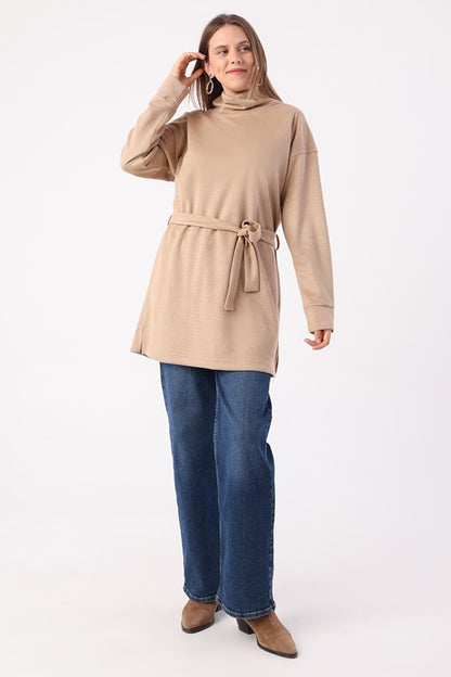 Beige Belted Turtleneck Tunic