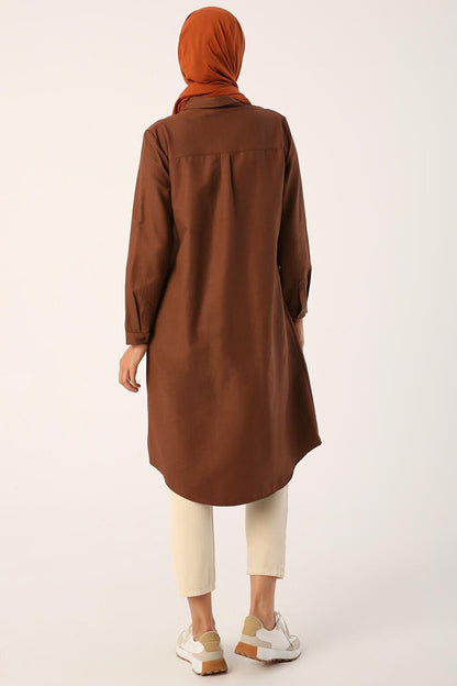 Brown Basic Hidden Placket Long Shirt