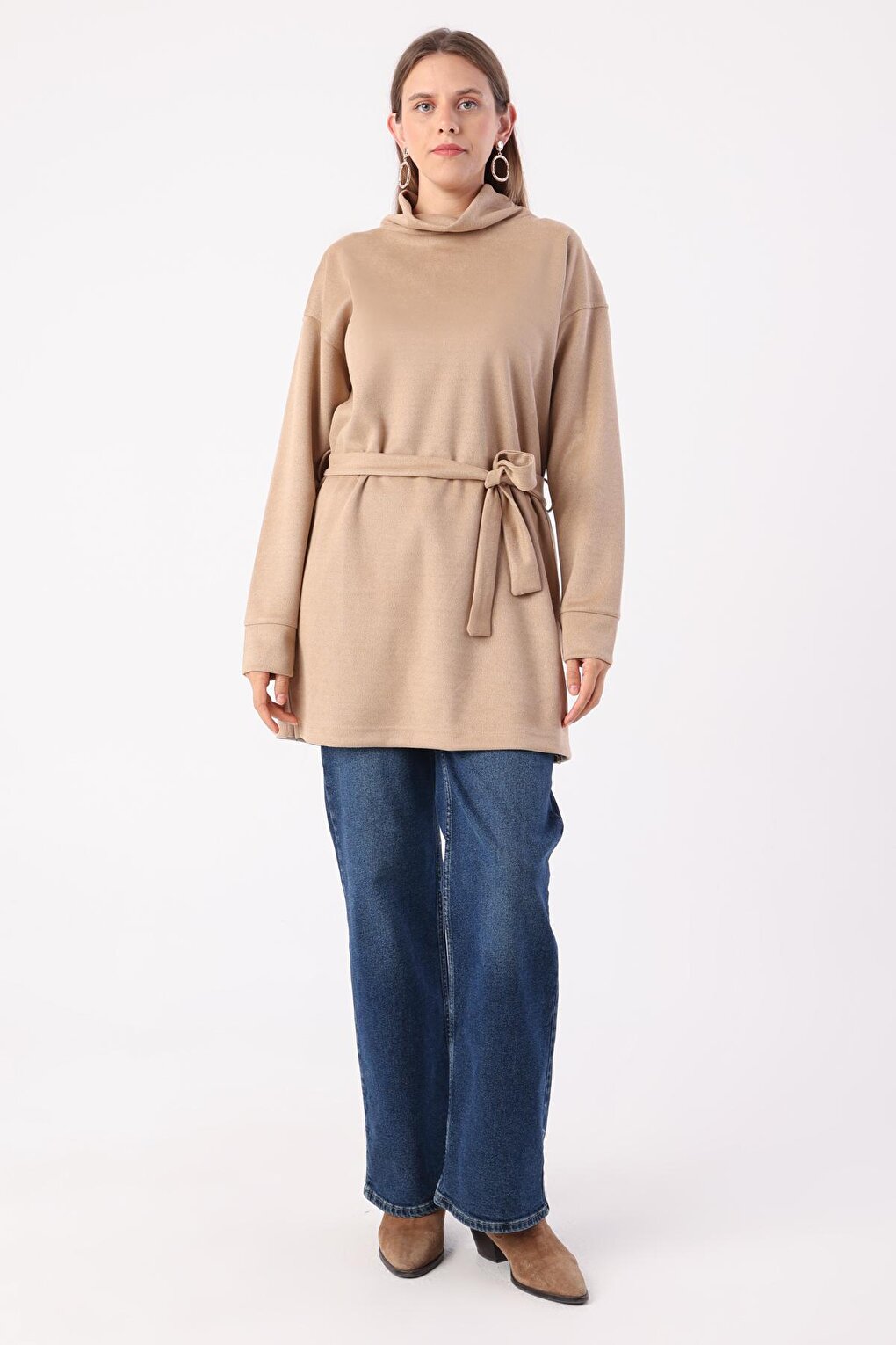 Beige Belted Turtleneck Tunic