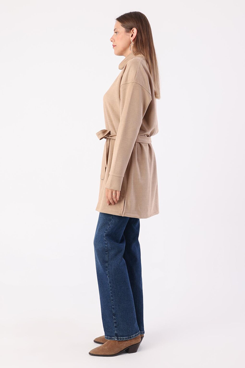 Beige Belted Turtleneck Tunic