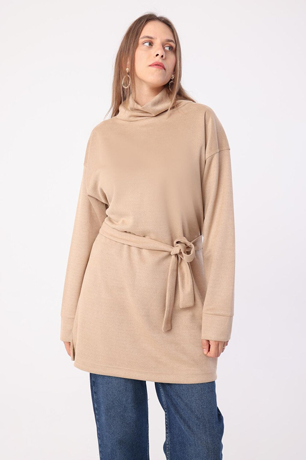 Beige Belted Turtleneck Tunic