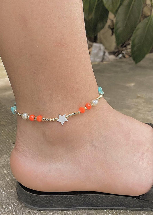 Mother of Pearl Star Colored Bead Crystal Anklet