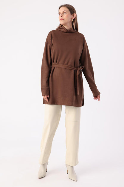 Brown Belted Turtleneck Tunic