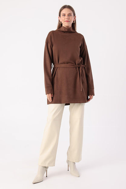 Brown Belted Turtleneck Tunic