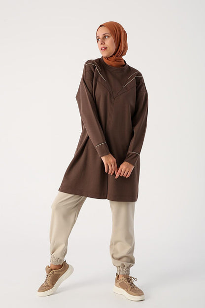 Brown Slit, Glittery Piping Collar Detailed Tunic