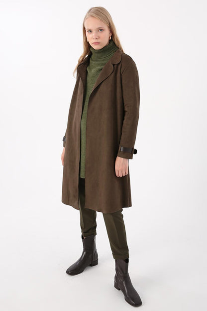 Khaki Belted Suede Trench Coat with Sleeve Detail