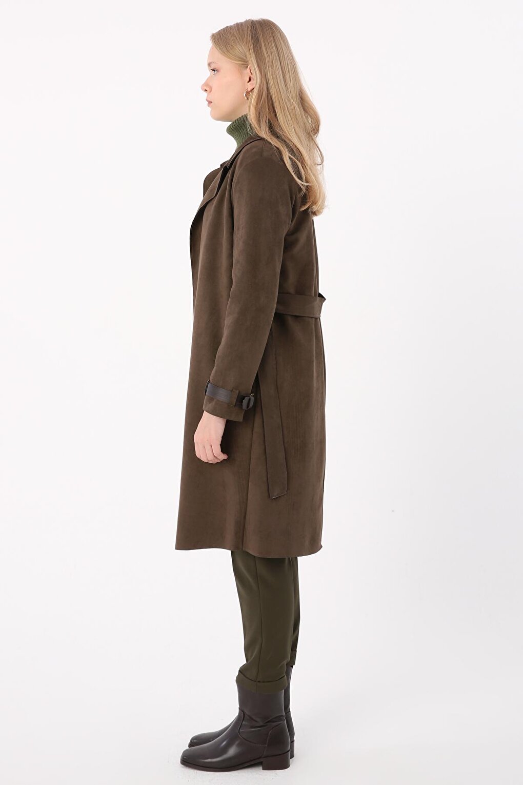 Khaki Belted Suede Trench Coat with Sleeve Detail