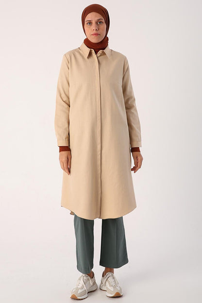 Bej01 Basic Hidden Placket Long Shirt