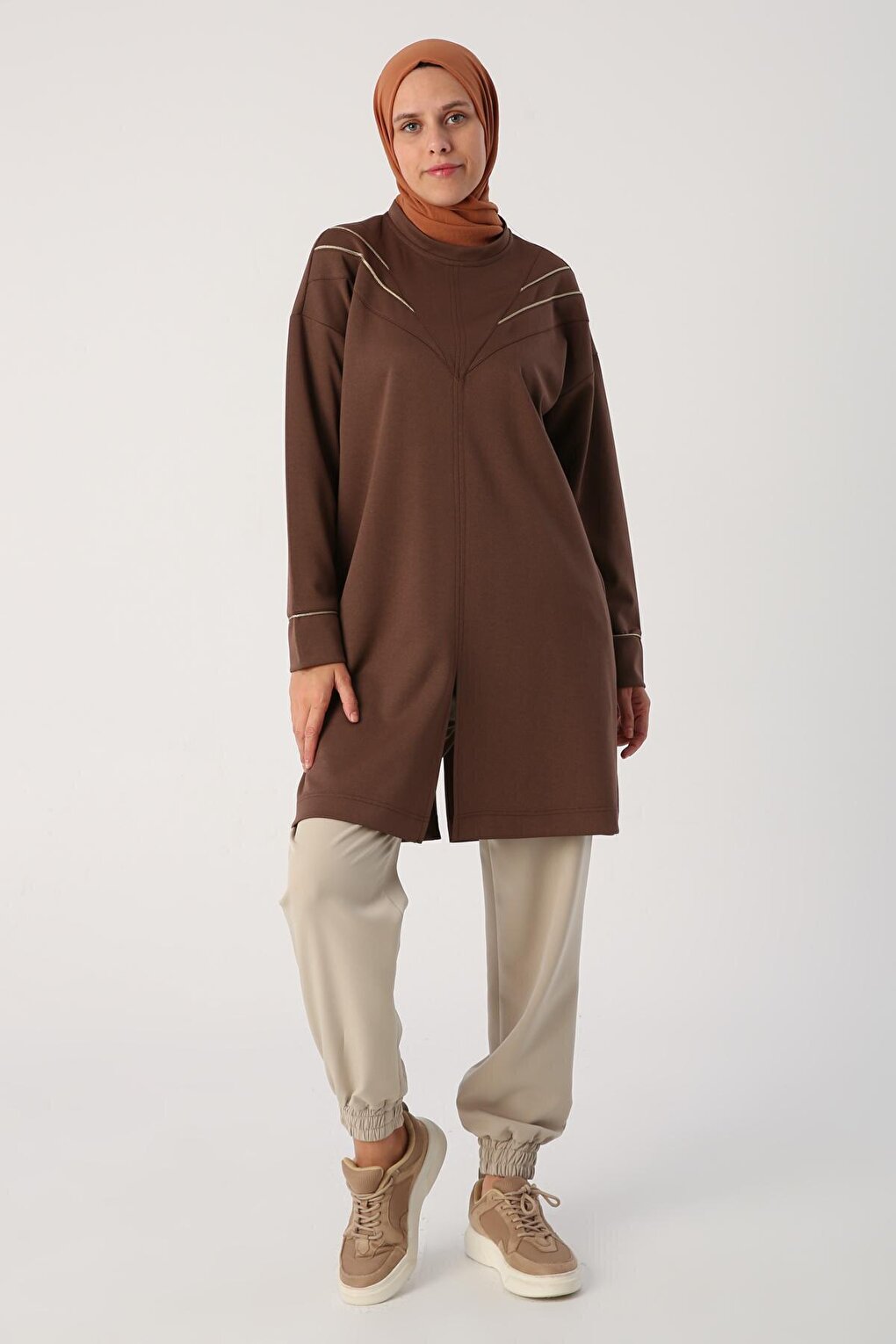 Brown Slit, Glittery Piping Collar Detailed Tunic