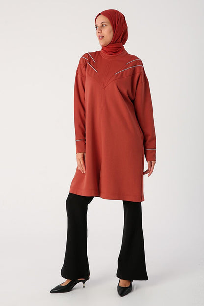 Orange Slit Glitter Piping Collar Detailed Tunic