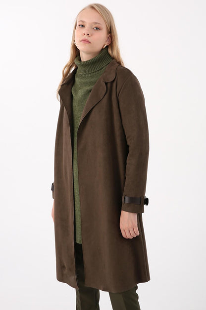 Khaki Belted Suede Trench Coat with Sleeve Detail