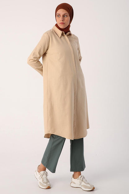 Bej01 Basic Hidden Placket Long Shirt