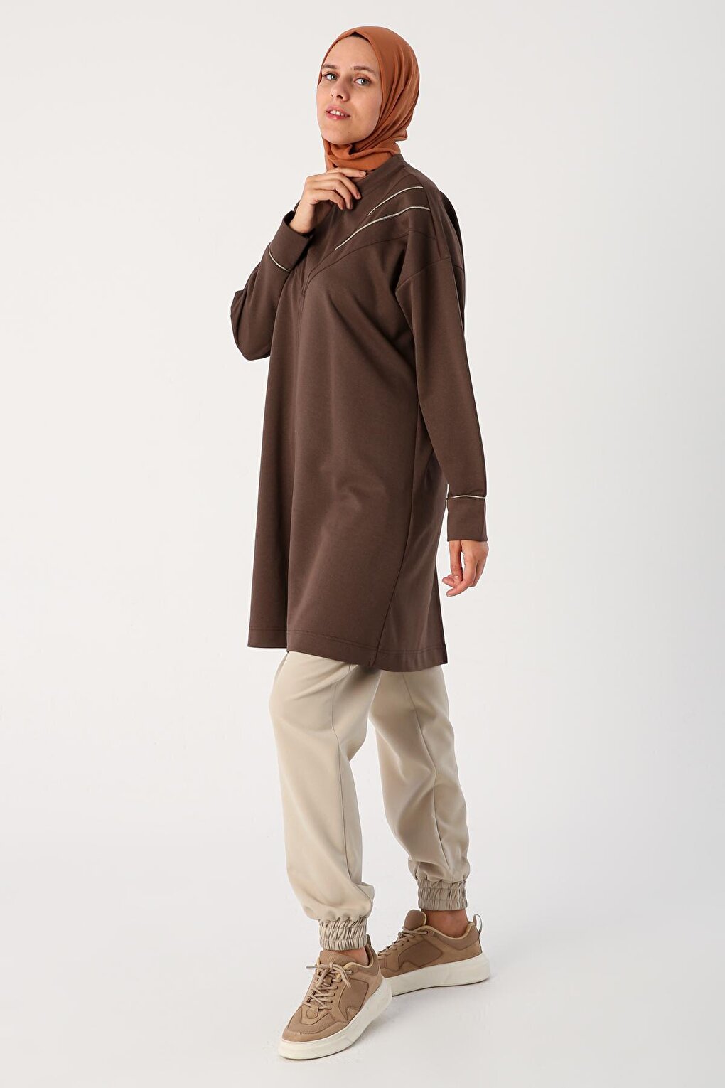 Brown Slit, Glittery Piping Collar Detailed Tunic