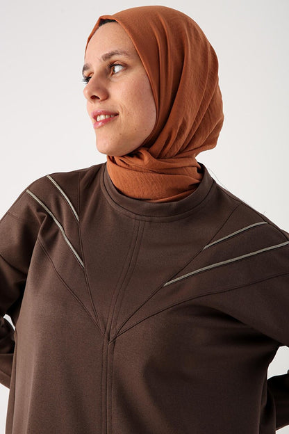 Brown Slit, Glittery Piping Collar Detailed Tunic